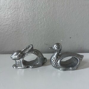Vintage Napkin Ring Set Silver Rabbit and Duck